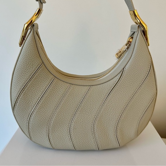 Zornna Luna Leather Half Moon Shoulder Bag in Beige Pebbled Leather - Picture 1 of 9